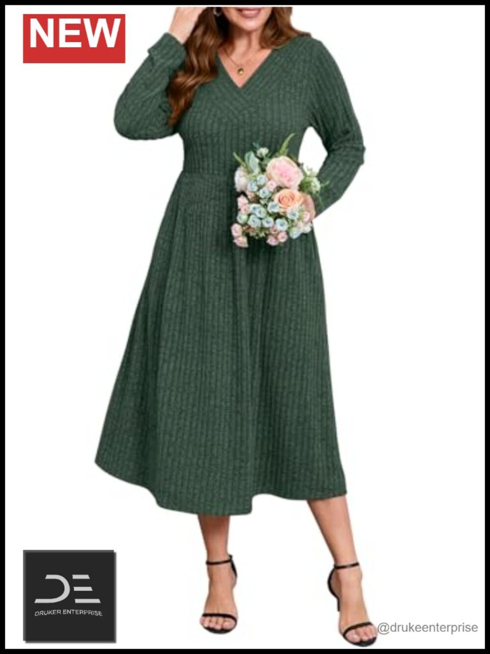 Plus Size V-Neck Sweater Dress with Pockets